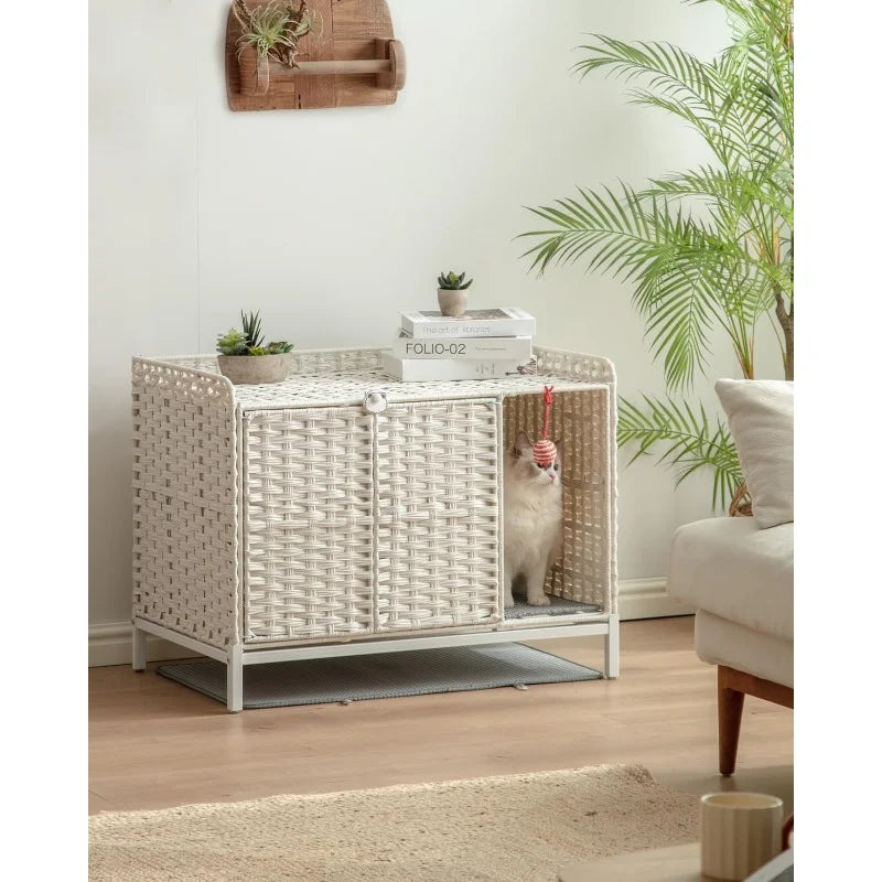 Cat Litter Box Enclosure Furniture with Divider Handwoven Rattan Litter Box with Mat 31.2x19.6x24.2 Inches Metal Heightened - Joanie B 25