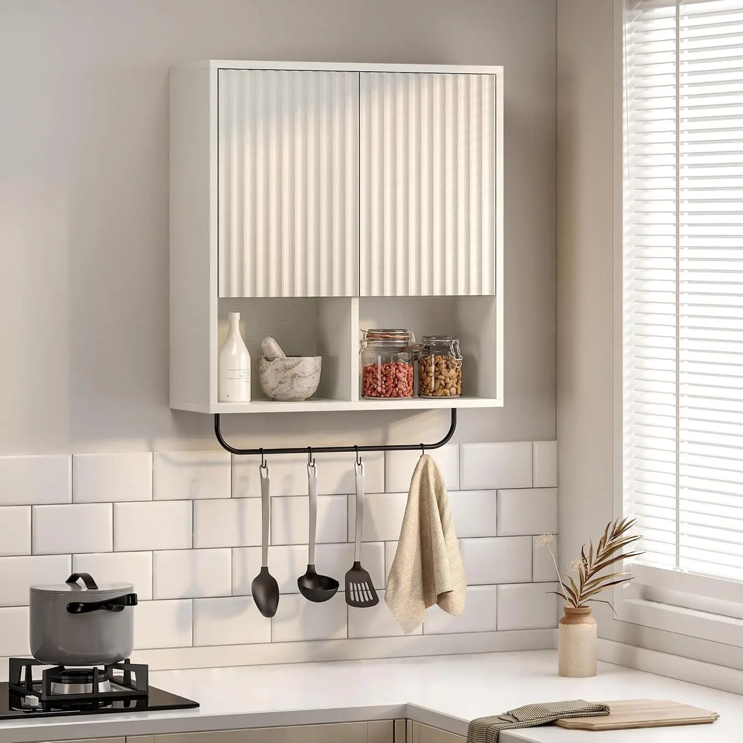 Fluted Wall Cabinet, Modern Medicine Cabinet Bathroom with Doors and Adjustable Shelf Towel Rack Wood Storage Cabinet White