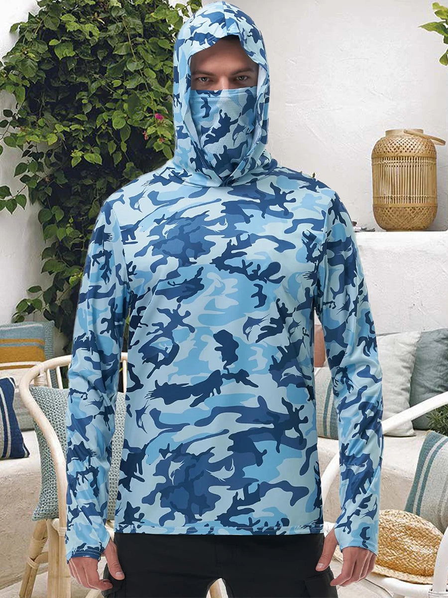 Men's Fishing Shirt Camo Print Hoodie with Built-in Face Mask - Joanie B 25