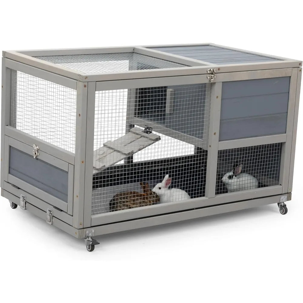 Fashionable Wooden 36-Inch Rabbit Hutch Indoor on Wheels with Clean Tray Openable Roof and Anti-Slip Rails - Joanie B 25