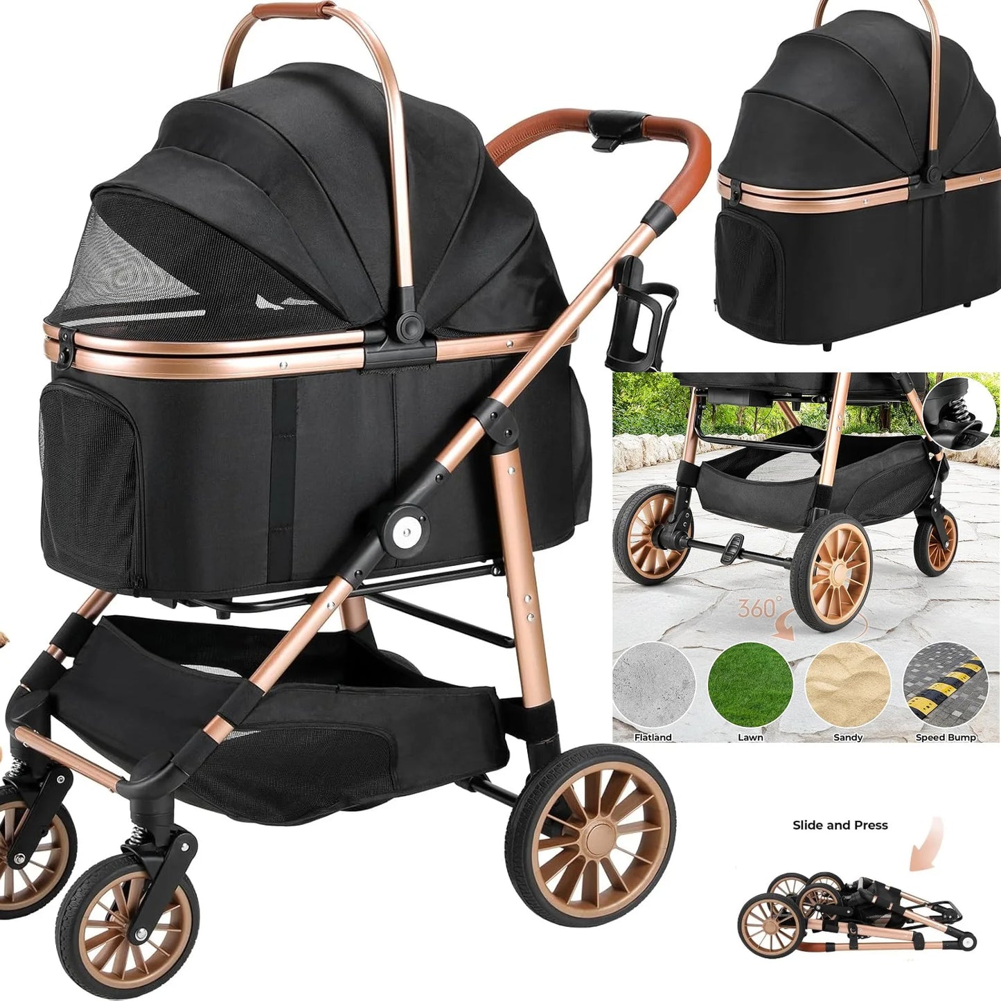 360 Degree Rubber Wheels and Shock Absorption Dog Buggy Stroller Foldable Pet Carrier for Small Dogs and Cats Up to 40 Kilograms - Joanie B 25