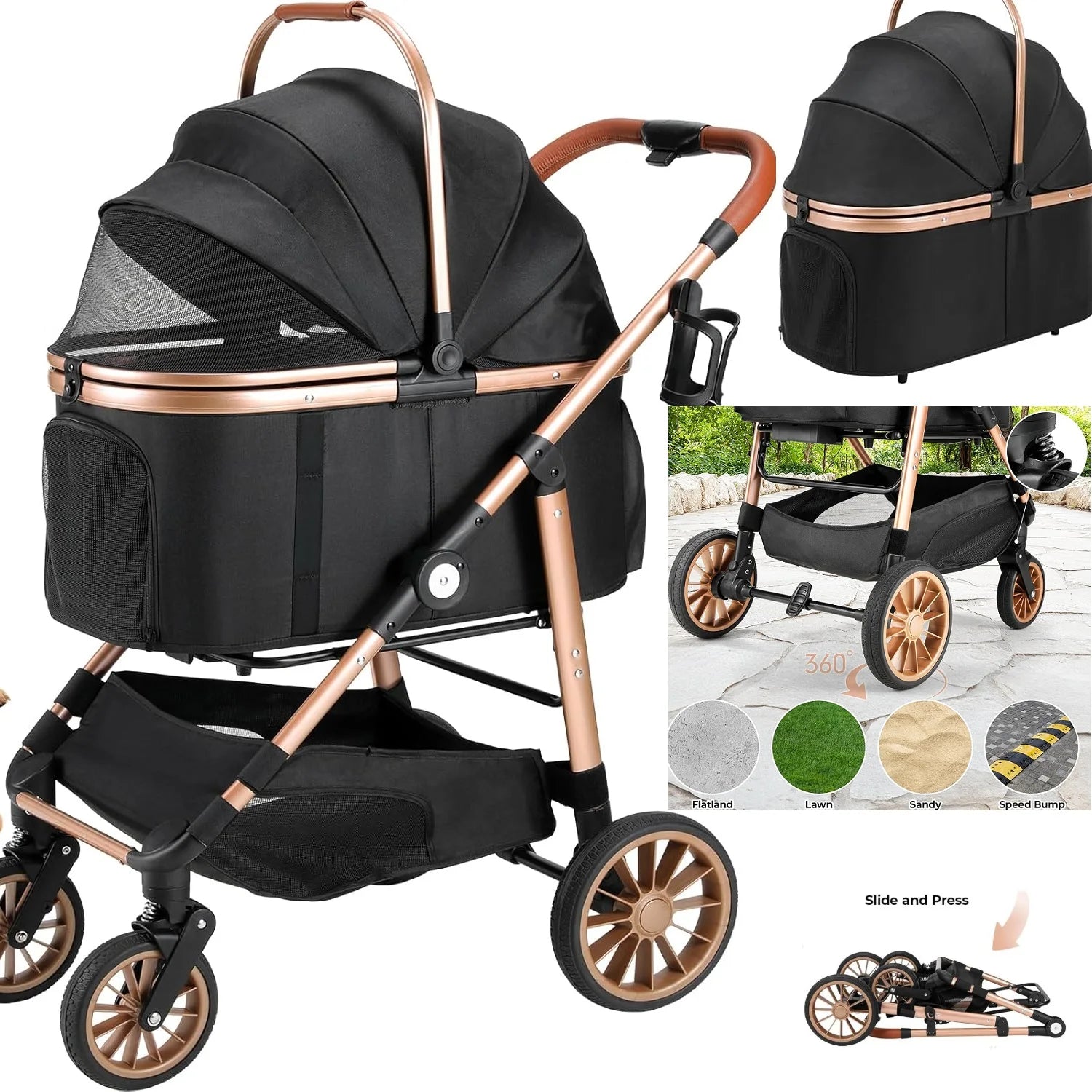 360 Degree Rubber Wheels and Shock Absorption Dog Buggy Stroller Foldable Pet Carrier for Small Dogs and Cats Up to 40 Kilograms - Joanie B 25