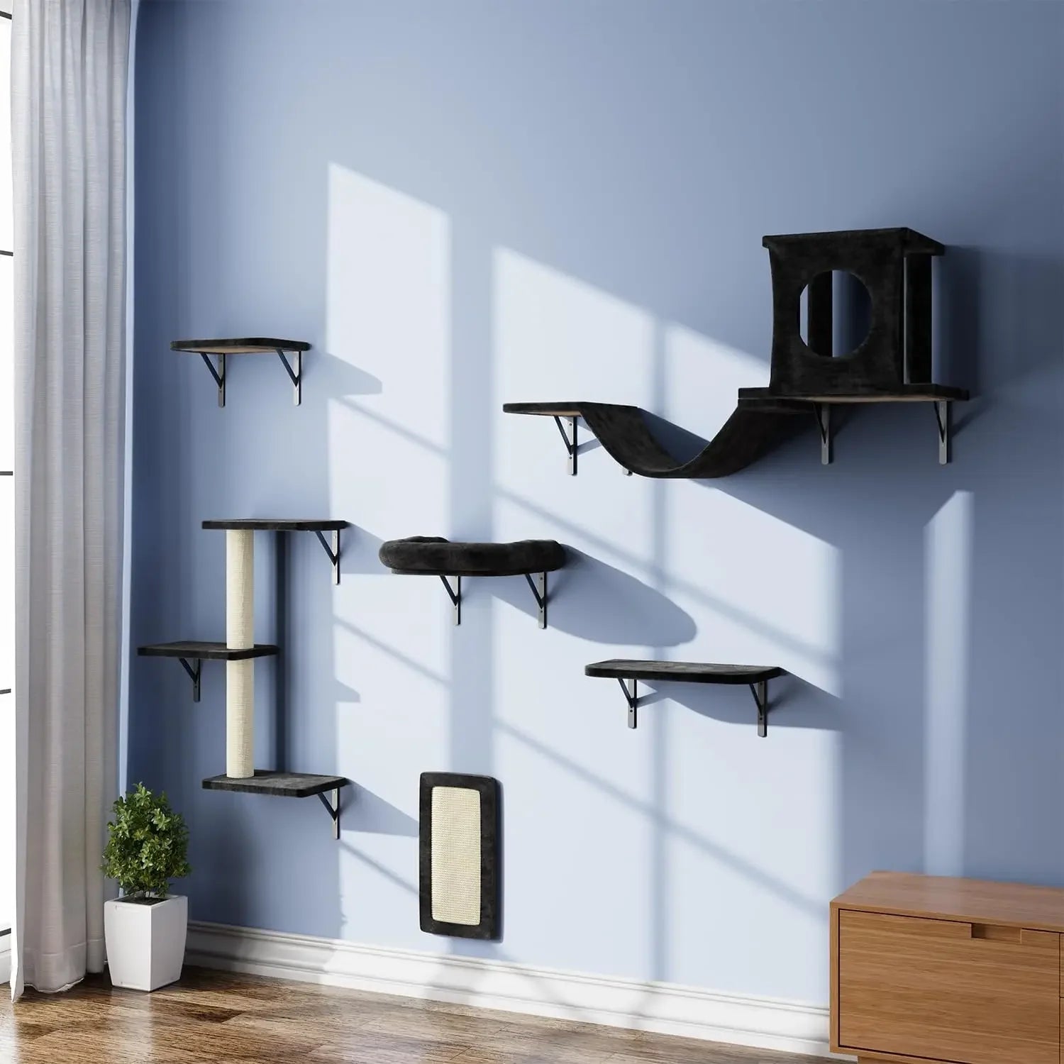 Wall Mounted Cat Furniture Set Six Piece Climber with House Bridge Tree Steps and Scratcher - Joanie B 25