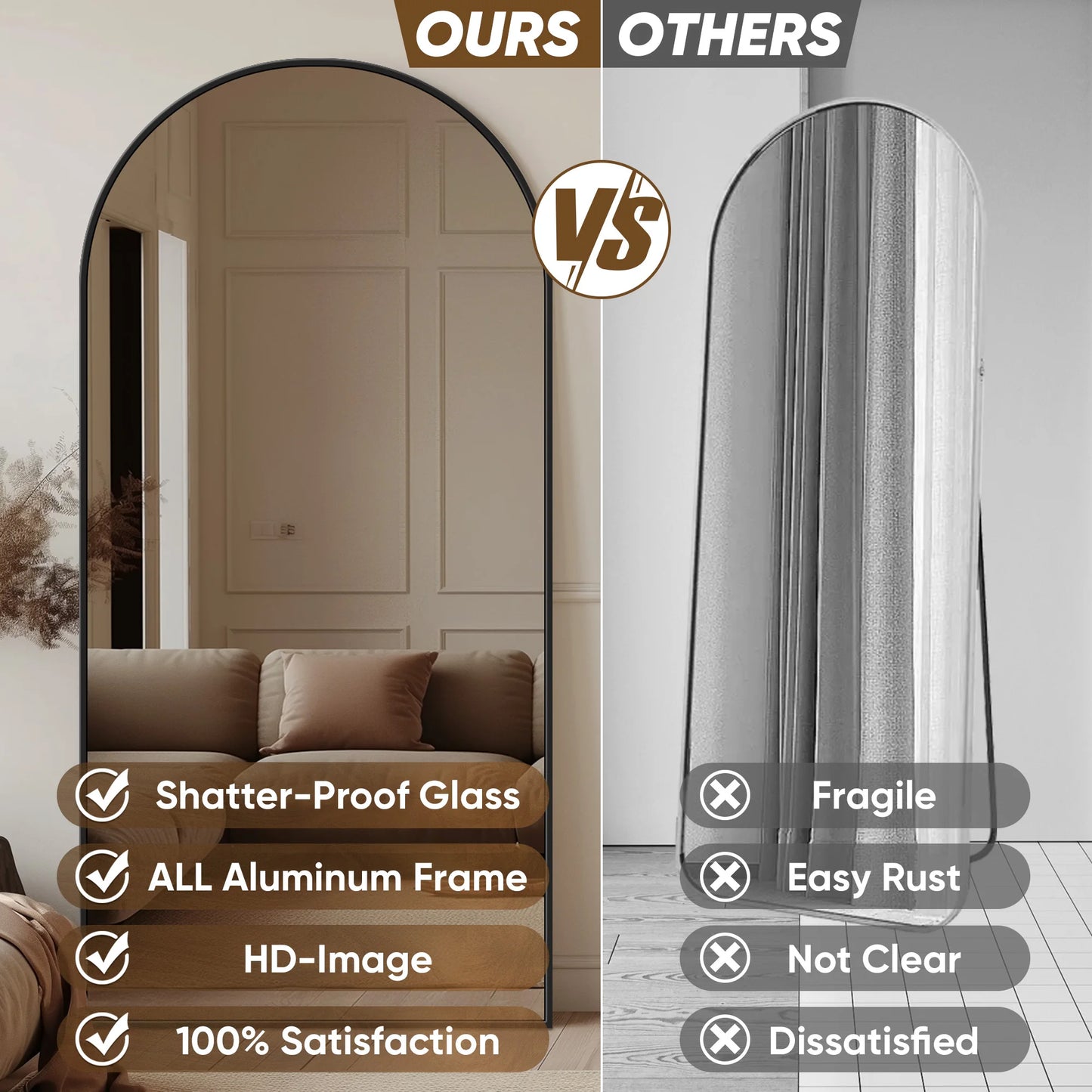 Arch Floor Mirror, 76"x34" Full Length Mirror - Freestanding Full Body Mirror with Stand for Bedroom or Living Room