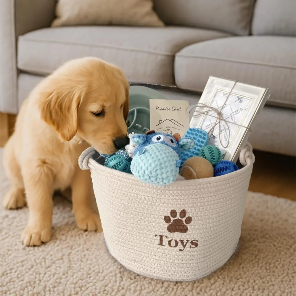 Dog Welcome Gift Box – New Puppy Starter Kit with Promise Card, Frame, Toys, Double‑Sided Bowl & Brush in Woven Basket – Dog Ado
