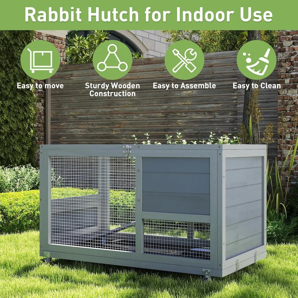 Fashionable Wooden 36-Inch Rabbit Hutch Indoor on Wheels with Clean Tray Openable Roof and Anti-Slip Rails - Joanie B 25