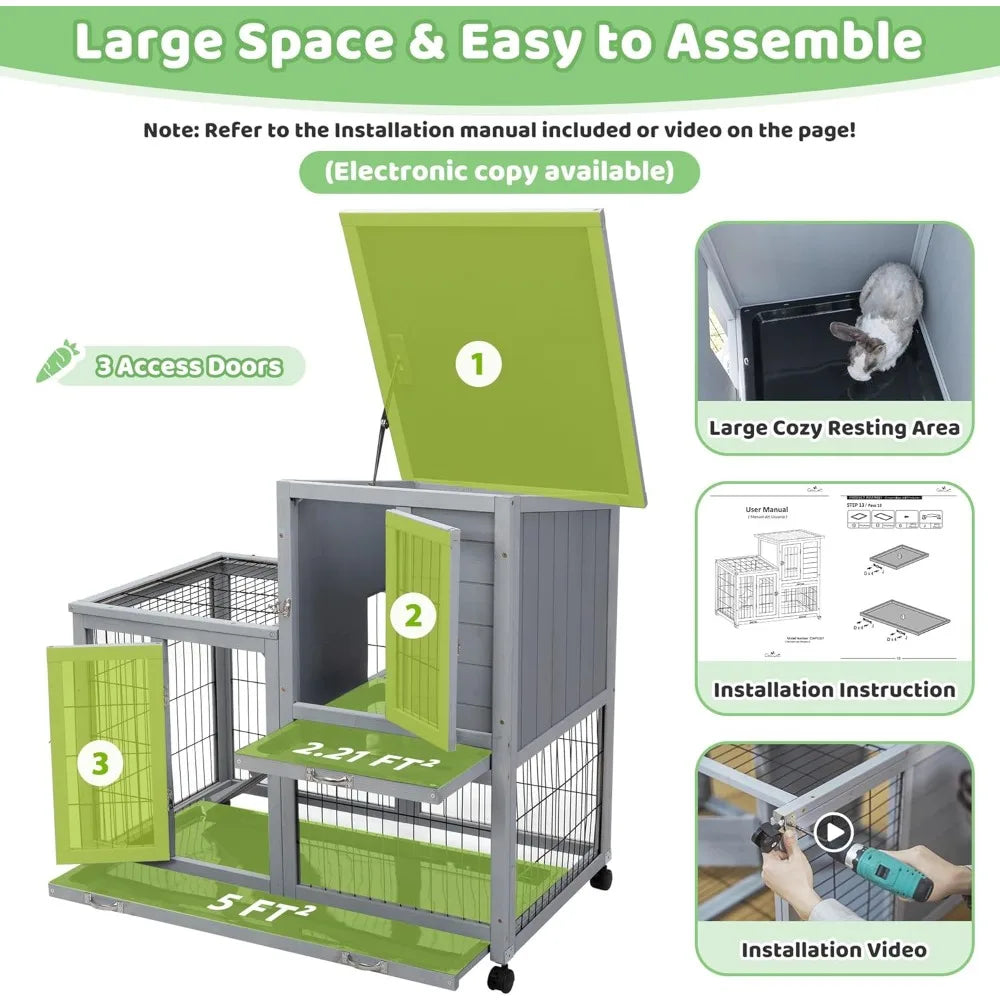 Large 39 Inch Wooden Rabbit Hutch Indoor Outdoor Two-Story Bunny Cage with Wheels Removable Trays and Easy Assembly - Joanie B 25