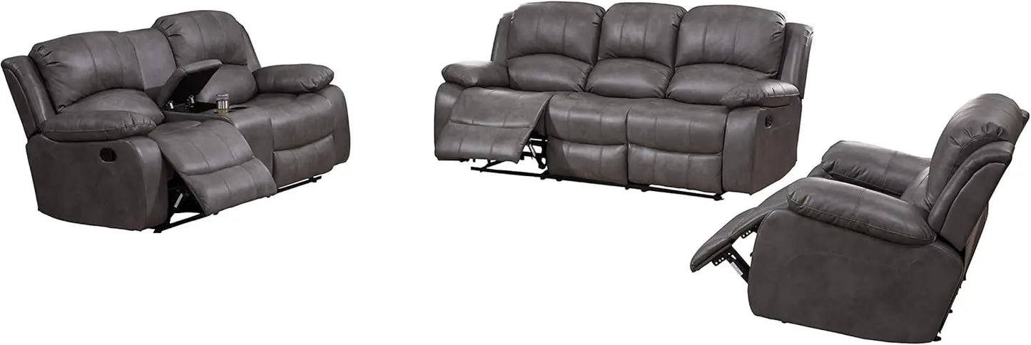 Three Piece Bonded Leather Reclining Sofa Chair Set Gray 8018 Glider Living Room - Joanie B 25