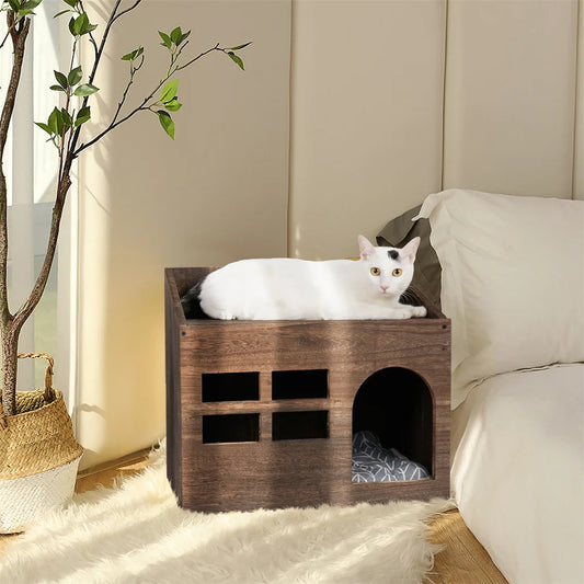 2 In 1 Wooden Cat House Puppy Rabbit Hideout Shelter Small Pet End Table Furniture with Soft Washable Cushion Indoor Outdoor - Joanie B 25
