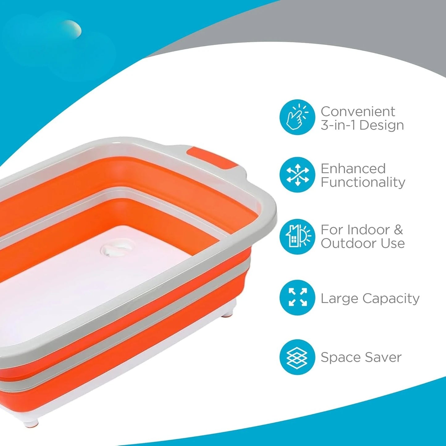 Collapsible Large BBQ Prep Tub w/Cutting Board, Multi-Function Grill Caddy w/Colander & Lid, Portable Silicone Dish Bowl