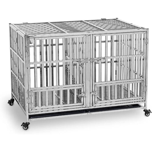 48 Inch Heavy Duty Foldable Stackable Stainless Steel Dog Cage with Floor Grid Tray and Divider - Joanie B 25