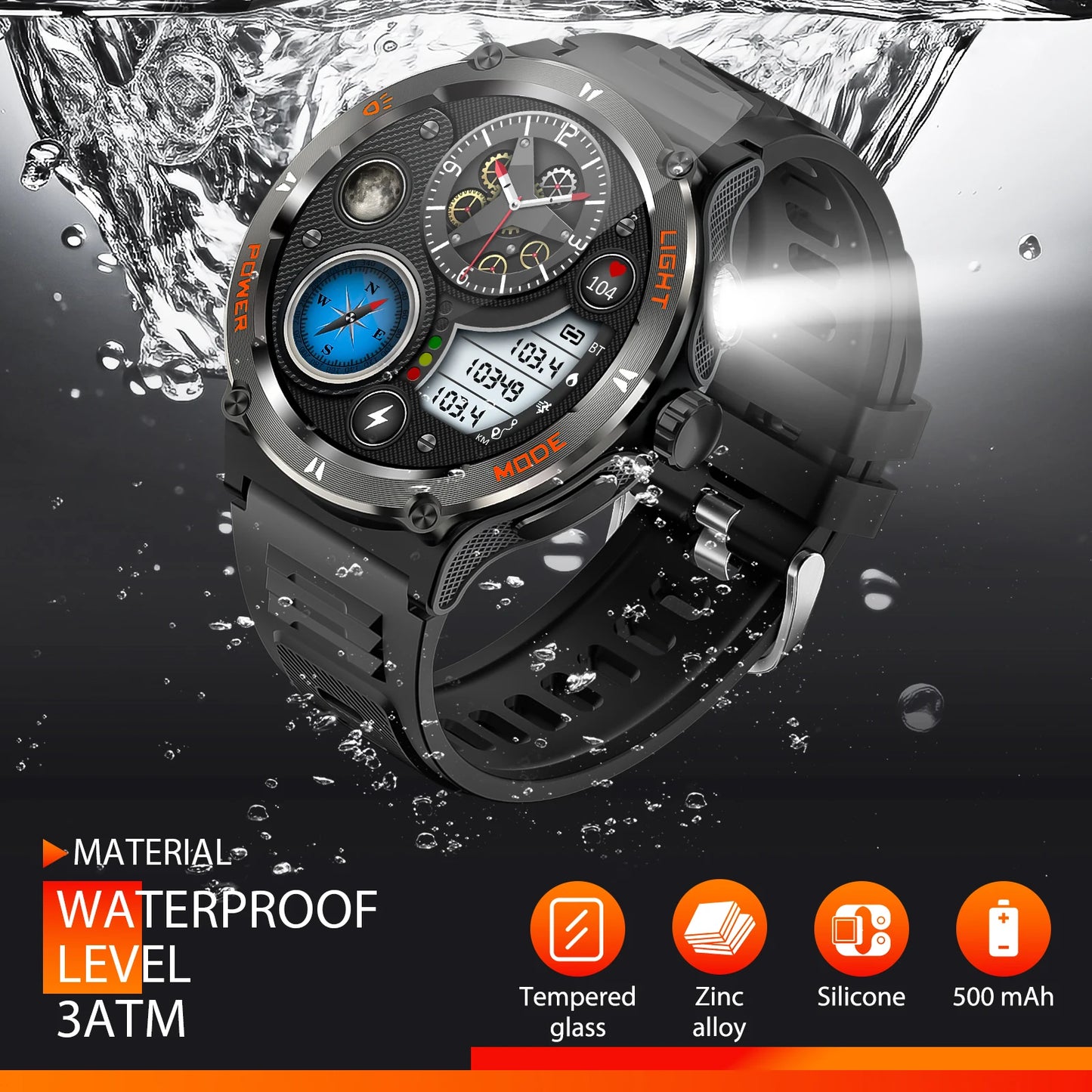 LaNikar Smart Watch 3ATM Waterproof 1.53" New KT76 Men Sport With Compass And LED Flashlight Heart Rate Sleep Analysis Bluetooth
