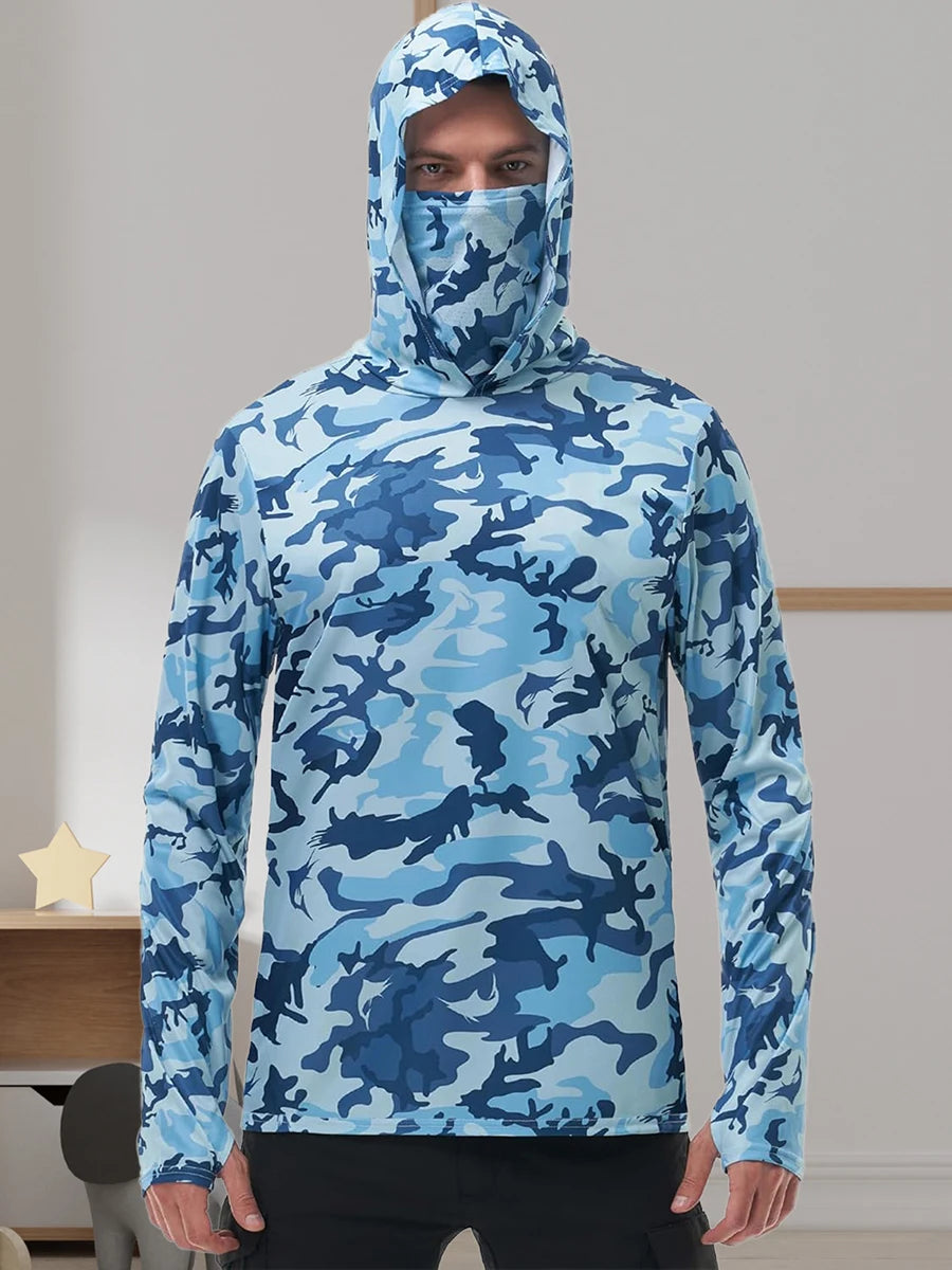 Men's Fishing Shirt Camo Print Hoodie with Built-in Face Mask - Joanie B 25