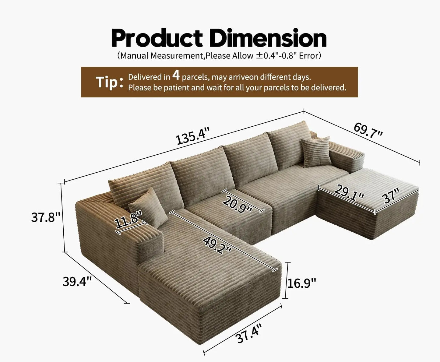135.4 Inch Cloud Modular Sectional Sofa With L Shape Chaise For Living Room
