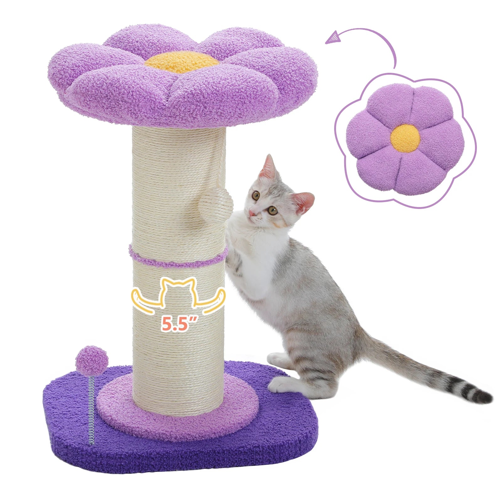 Flower Cat Scratching Post Small Cat Tree Tower with Removable Bed and Super Thick Sisal Post for Indoor Cats - Joanie B 25