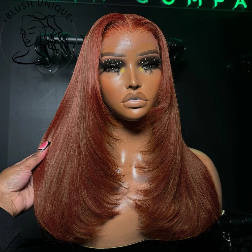 Copper Red Layered Cut Lace Front Wigs Reddish Brown Straight Lace Frontal Wig Layered Glueless Wigs Synthetic Butterfly Haircut