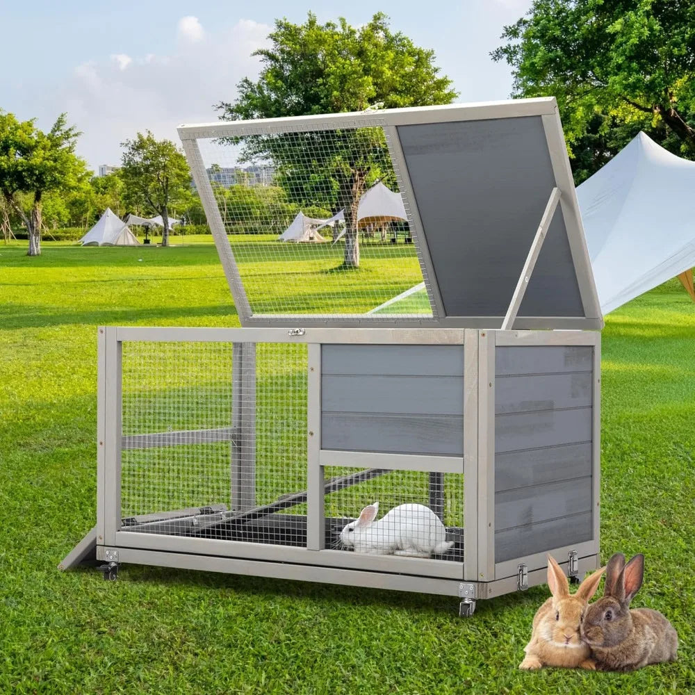 Fashionable Wooden 36-Inch Rabbit Hutch Indoor on Wheels with Clean Tray Openable Roof and Anti-Slip Rails - Joanie B 25