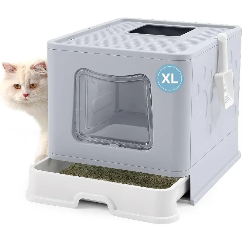 Foldable Cat Litter Box with Lid Extra Large Scoop Drawer Type Pan Easy to Scoop and Low Tracking - Joanie B 25