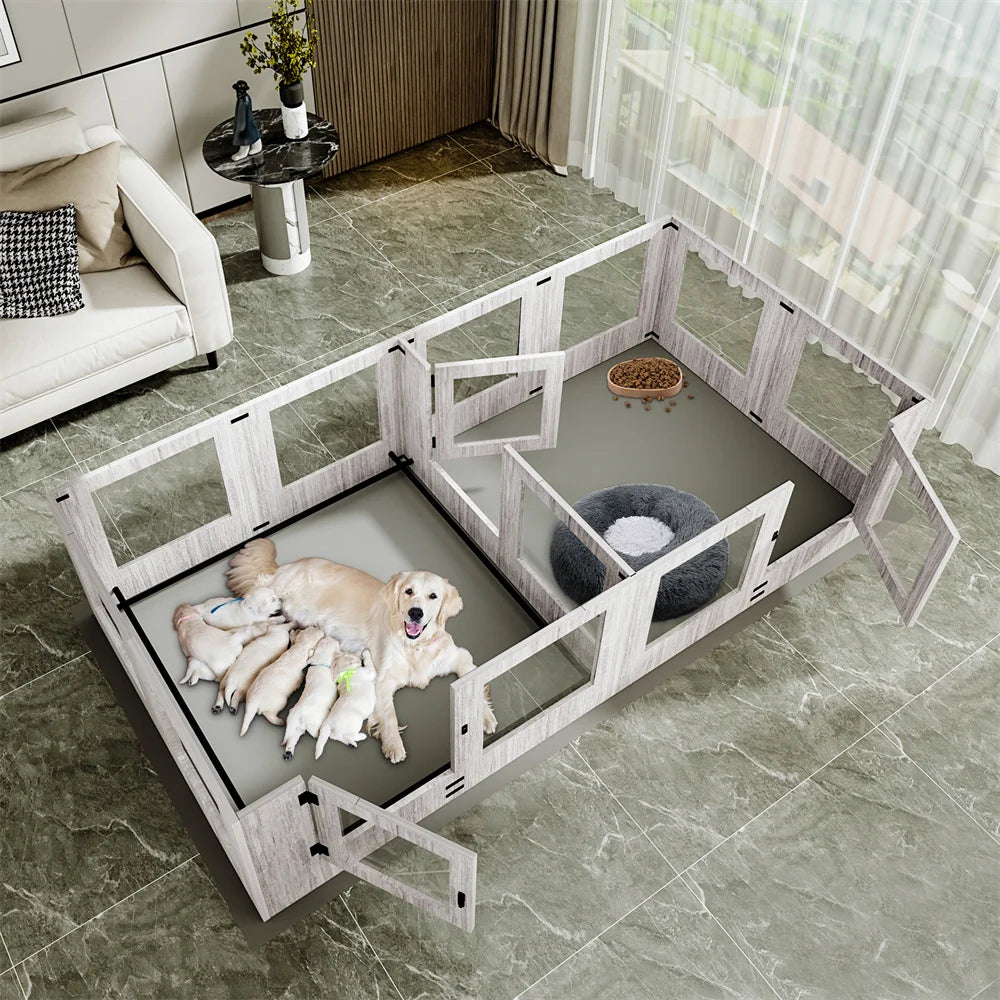 XXL Dog Whelping Box Playpen Two Rooms Tempered Glass