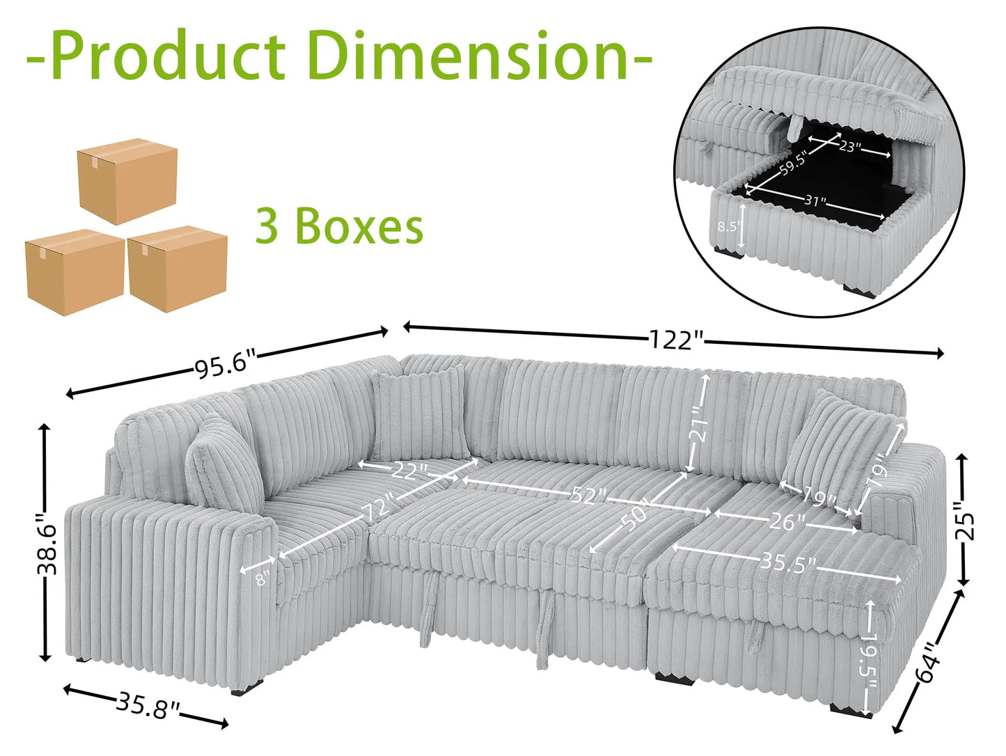 Todrani 122 Inch U Shaped Sleeper Sofa With Storage Chaise And USB Ports