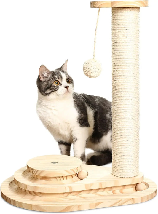 Made4Pets Cat Scratcher, Scratching Post for Indoor Cats with Stable Widen Base, 18.9" Tall Wood Ball Toy with 2-Level Track for Fun - Joanie B 25