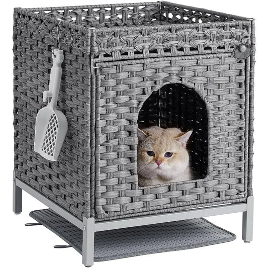 Cat Litter Box Enclosure Hidden Furniture with Metal Heightened Feet Rattan Handwoven Cat House and Litter Mat - Joanie B 25