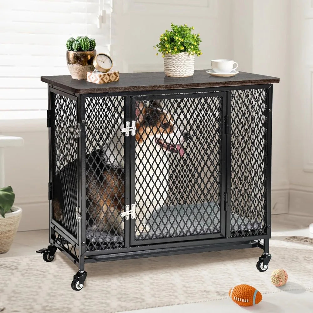Indoor Dog Crate Furniture Movable Side End Table for Small Medium and Large Dogs with Cushion Tray Wire Rustic Brown - Joanie B 25