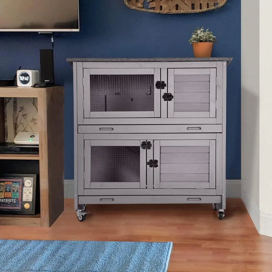 Rabbit Hutch Bunny Cage with 4 Casters Indoor Two-Story Wood Pet Cage with 2 Trays and Deep Pull-Out Liners - Joanie B 25