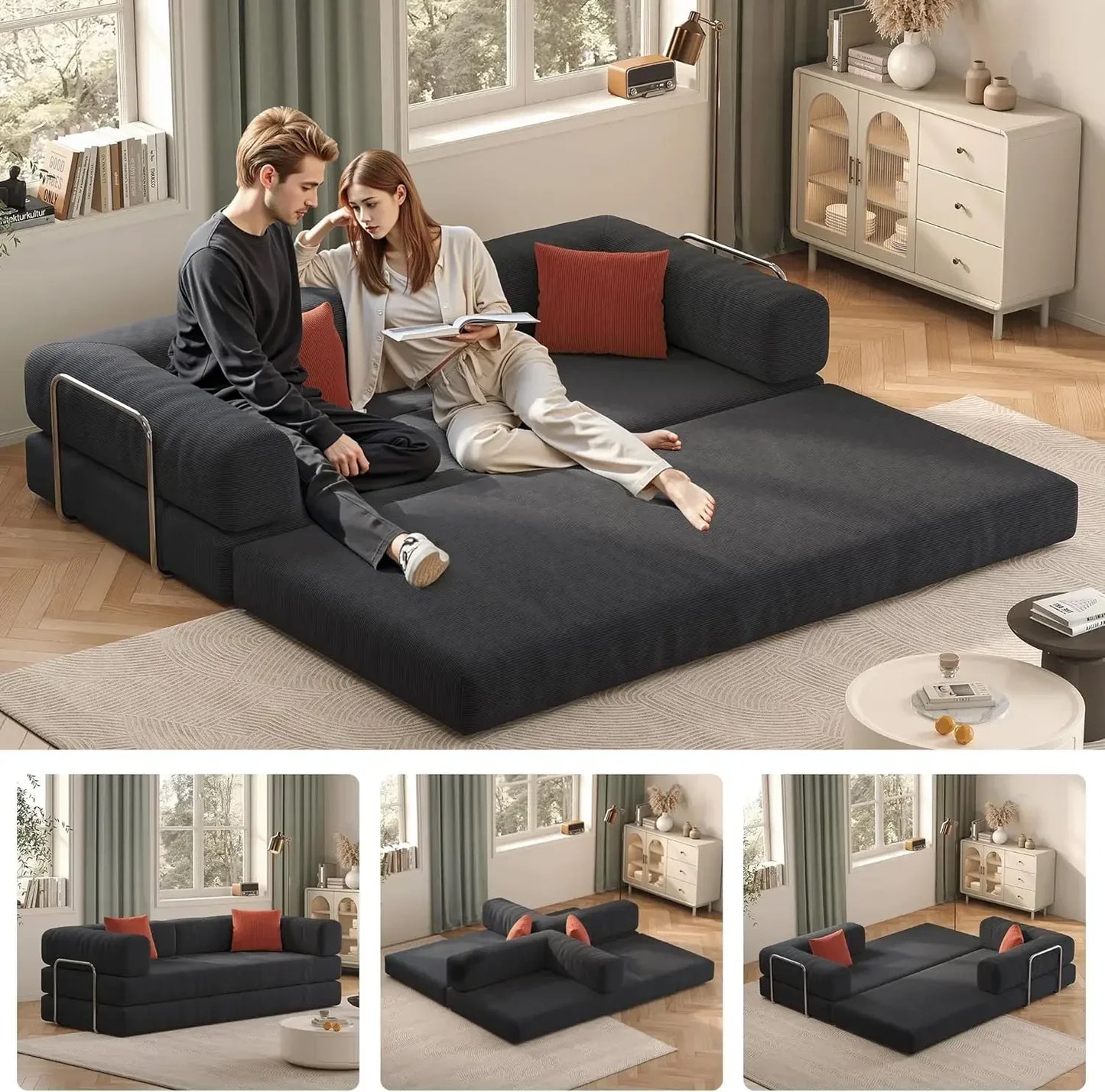 79 Inch Corduroy Convertible Sofa Bed Folding Sleeper Couch With Pillows