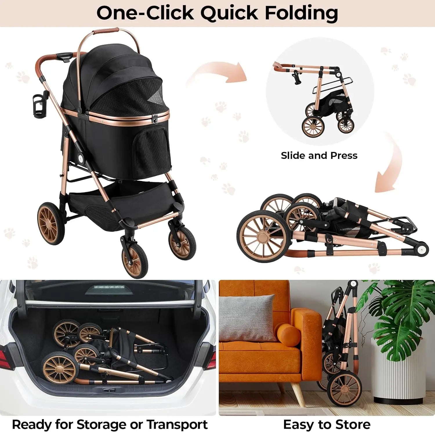 360 Degree Rubber Wheels and Shock Absorption Dog Buggy Stroller Foldable Pet Carrier for Small Dogs and Cats Up to 40 Kilograms - Joanie B 25