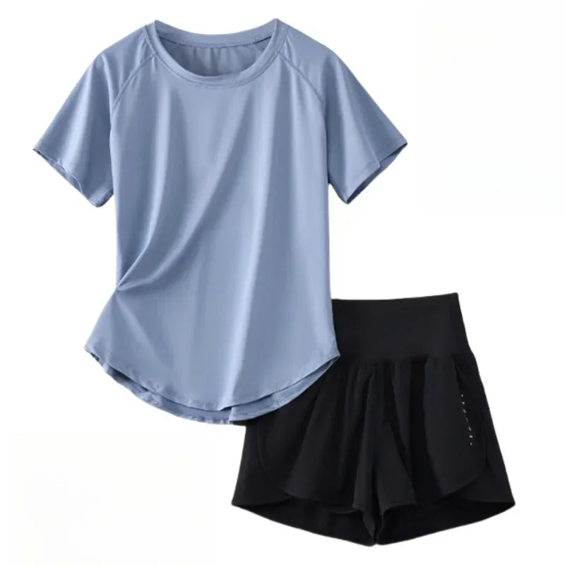 2 Piece Yoga Set Women Summer Sportswear Short Sleeve Top And Shorts