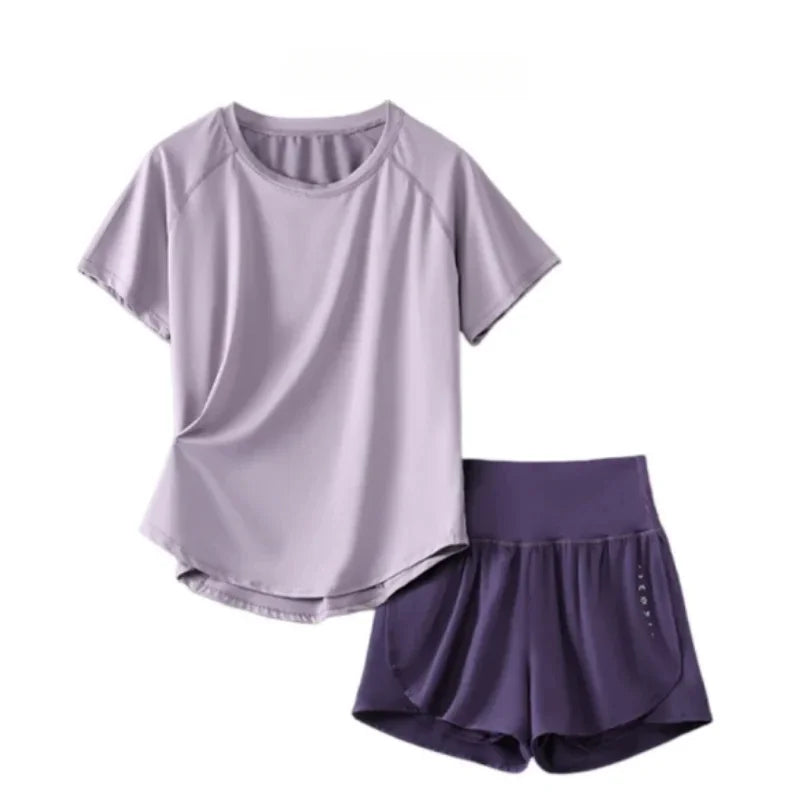 2 Piece Yoga Set Women Summer Sportswear Short Sleeve Top And Shorts