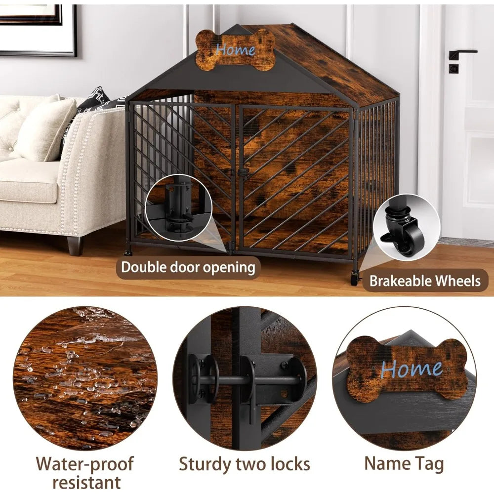 Furniture-Style Dog Crate with Gable Roof Design, Double Locking Doors Indoor Kennel for Small & Medium Dogs, Chew-Proof Escape-