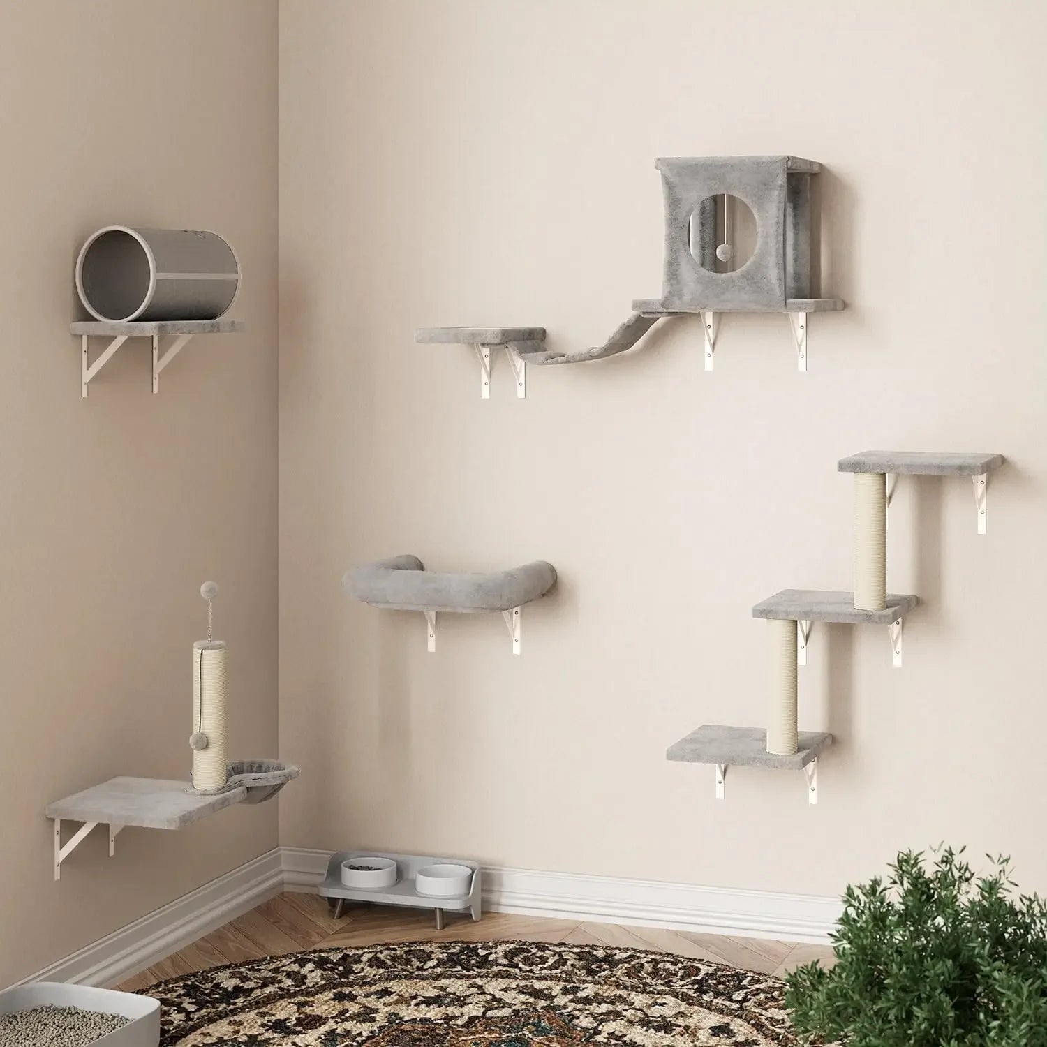 Wall Mounted Cat Furniture Set Six Piece Climber with House Bridge Tree Steps and Scratcher - Joanie B 25