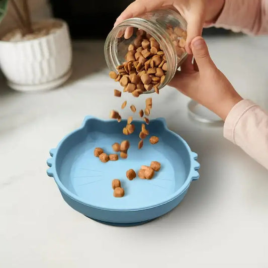 P T Supply Co Blue Cat Shaped Silicone Pet Bowl with Non Slip Suction Base - Joanie B 25