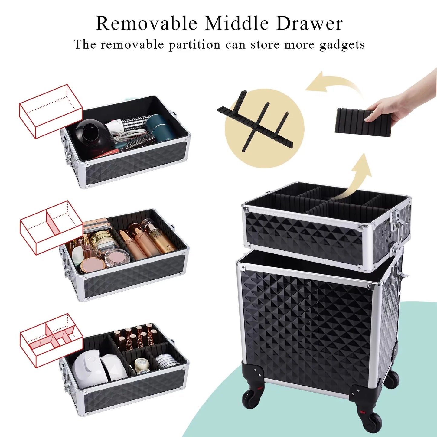 Rolling Makeup Case 3 In 1 Removable Make Up Case Cosmetology Case On Wheels Large Capacity Lockable Makeup Trolley For Salon - Joanie B 25