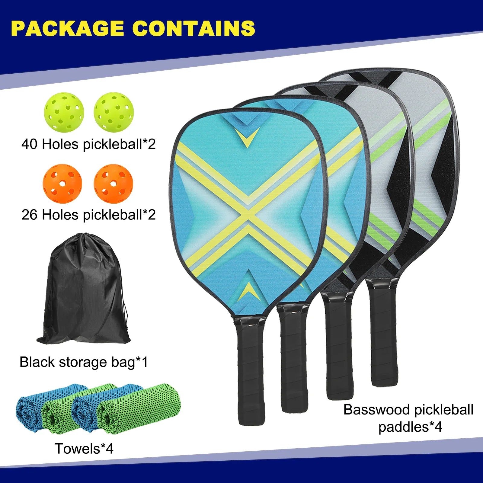 Pickleball Paddles Set with Four Premium Wood Rackets Four Balls Four Cooling Towels and Carry Bag for Men Women - Joanie B 25