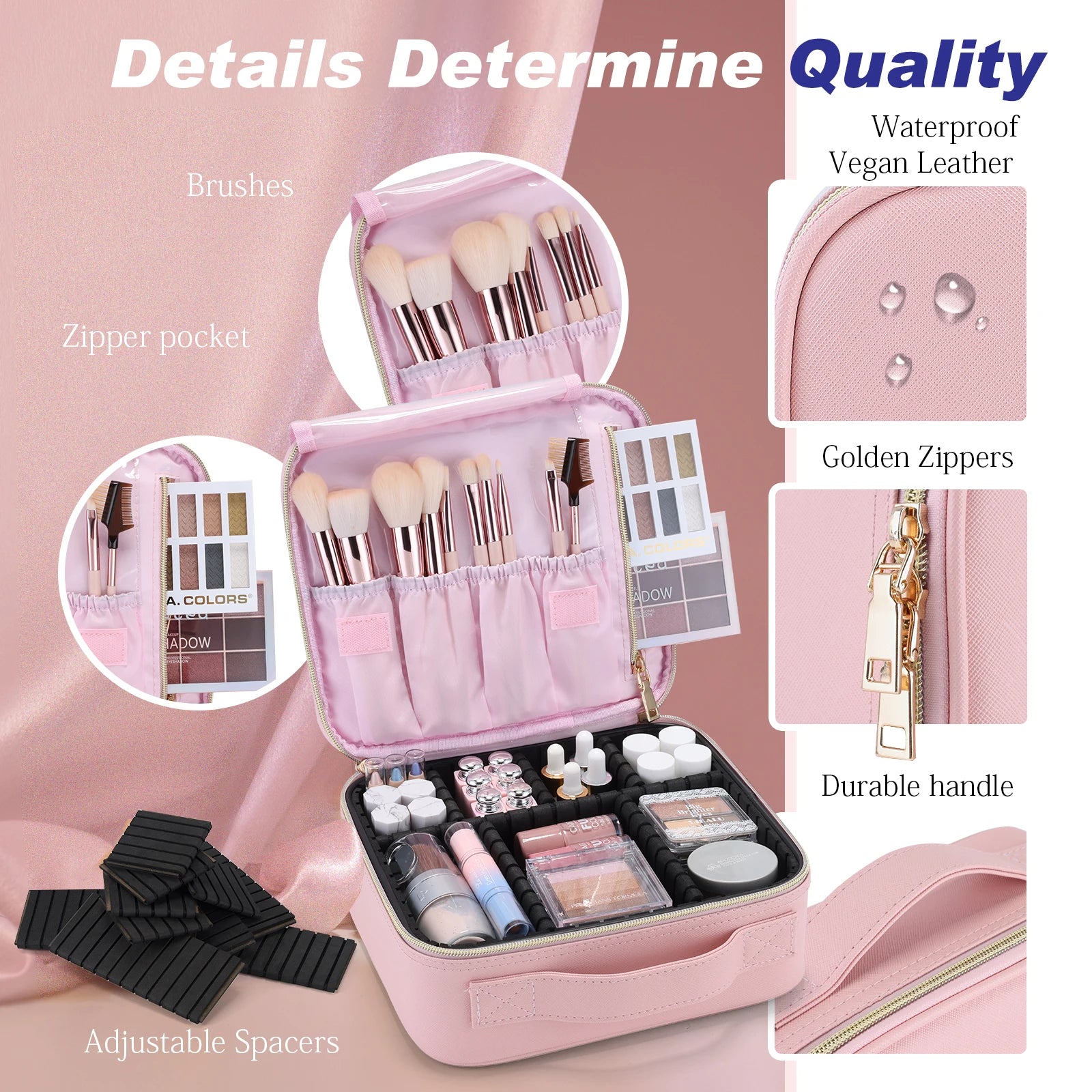 Professional Waterproof Makeup Bag with Adjustable Dividers and Travel Cosmetic Organizer for Brushes and Manicure Supplies - Joanie B 25