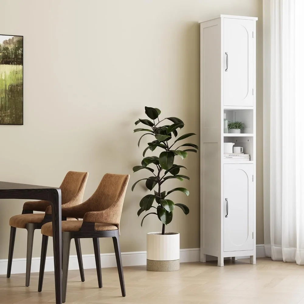 67" Tall Bathroom Storage Cabinet with Lights, Slim Narrow Bathroom Cabinet Organizer with Doors and Adjustable Shelves, White