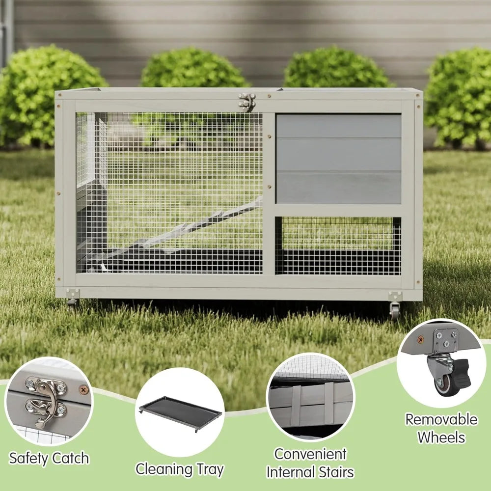 Fashionable Wooden 36-Inch Rabbit Hutch Indoor on Wheels with Clean Tray Openable Roof and Anti-Slip Rails - Joanie B 25