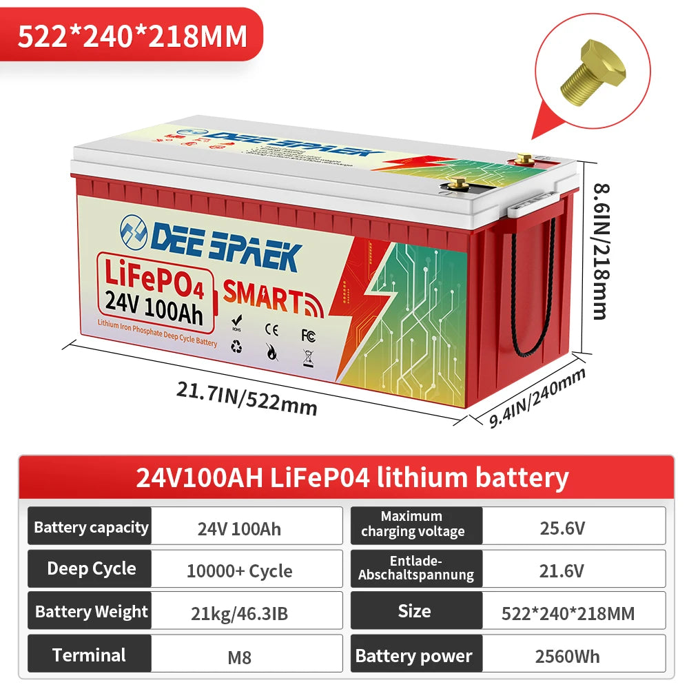 24V 100Ah LiFePO4 Battery Bluetooth With BMS 8000+Deep Cycles For Camper RV Home Energy Solar Trolling Motor 24V Lithium Battery