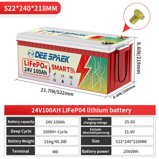 24V 100Ah LiFePO4 Battery Bluetooth With BMS 8000+Deep Cycles For Camper RV Home Energy Solar Trolling Motor 24V Lithium Battery