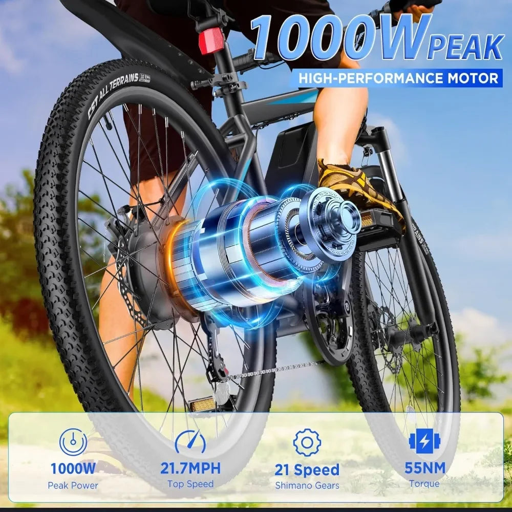 26 Inch 1000W Peak Electric Bike for Adults Up to 50 Miles 21.7MPH Mountain Bike with Removable 48V 374.4Wh Battery - Joanie B 25