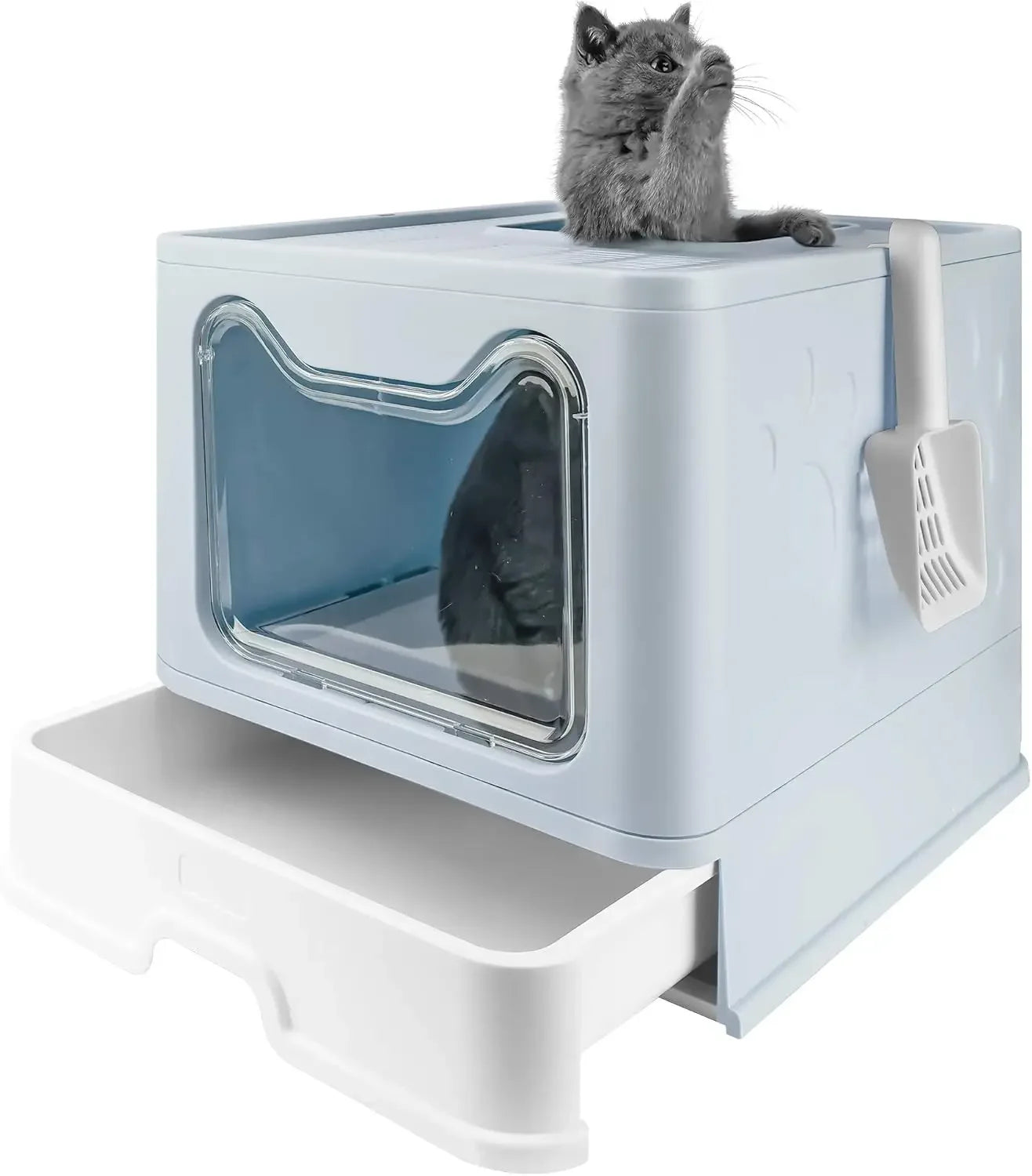 Foldable Cat Litter Box with Lid Extra Large Scoop Drawer Type Pan Easy to Scoop and Low Tracking - Joanie B 25
