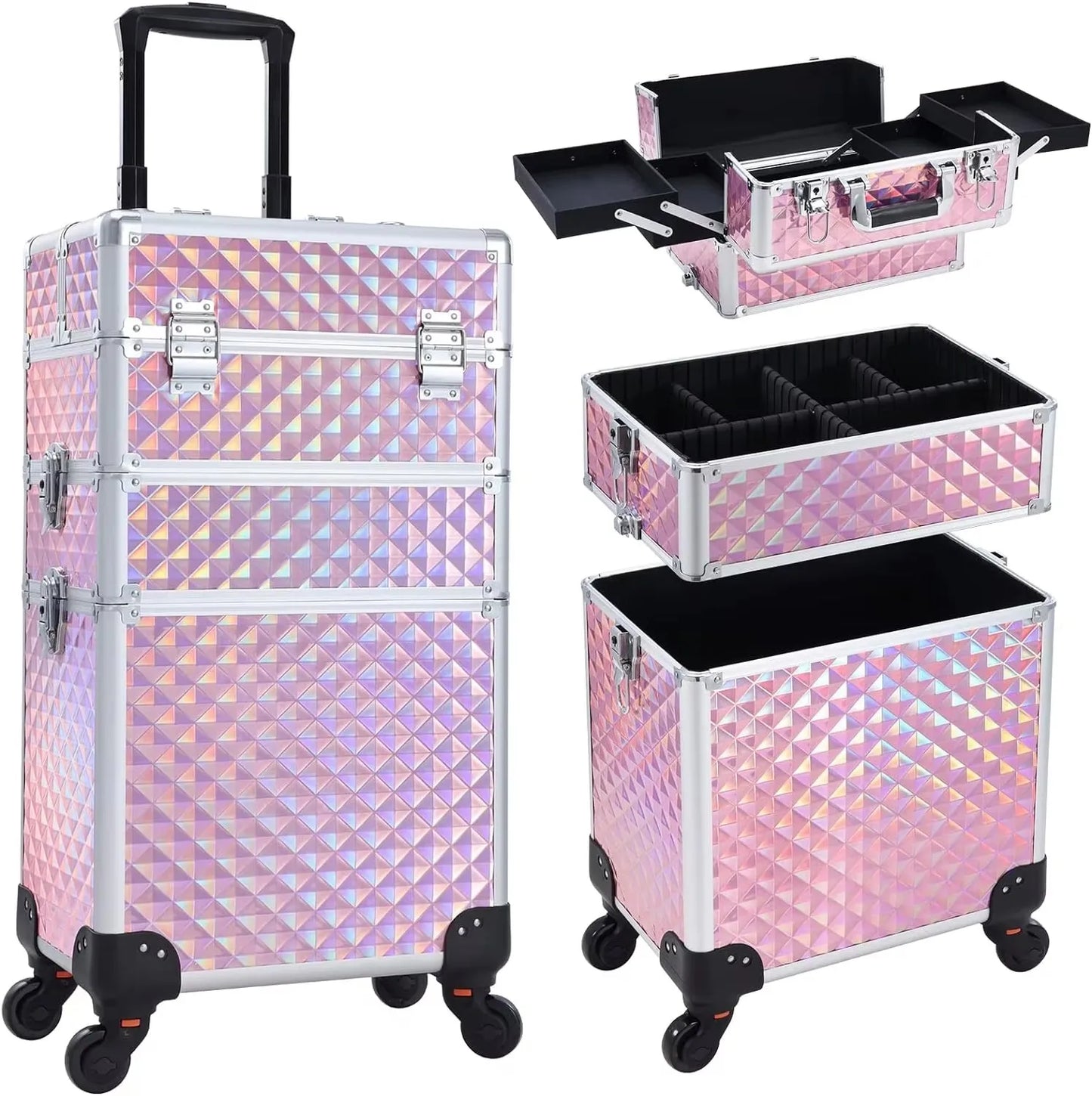 Rolling Makeup Case 3 In 1 Removable Make Up Case Cosmetology Case On Wheels Large Capacity Lockable Makeup Trolley For Salon - Joanie B 25