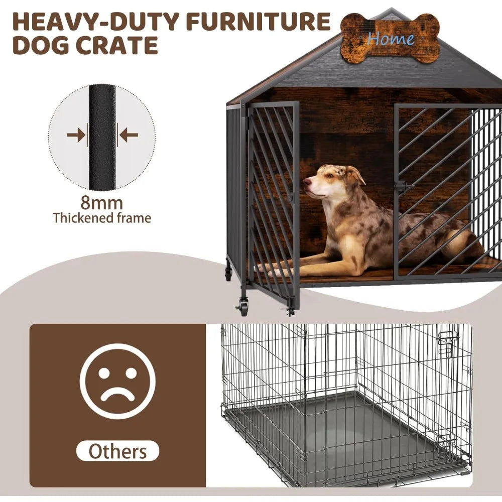 Furniture-Style Dog Crate with Gable Roof Design, Double Locking Doors Indoor Kennel for Small & Medium Dogs, Chew-Proof Escape-