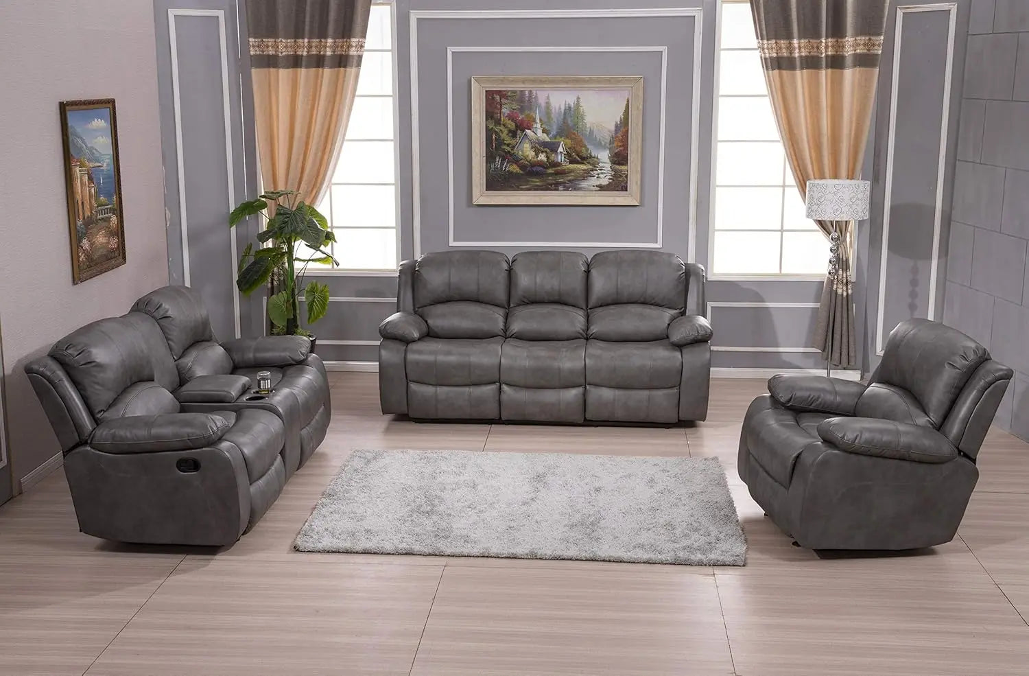 Three Piece Bonded Leather Reclining Sofa Chair Set Gray 8018 Glider Living Room - Joanie B 25
