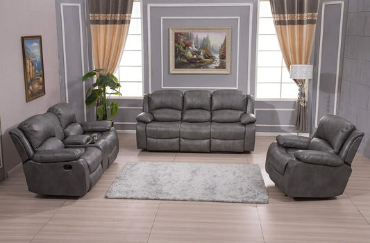 Three Piece Bonded Leather Reclining Sofa Chair Set Gray 8018 Glider Living Room