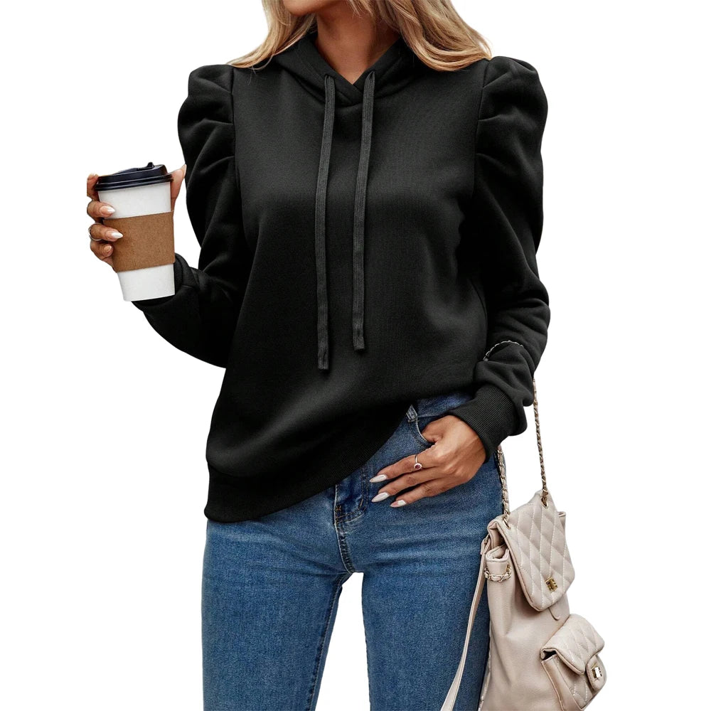 Women Casual Hoodies Long Ruffle Sleeve Solid Lightweight Pullover Tops Loose Sweatshirt with Drawstrings - Joanie B 25