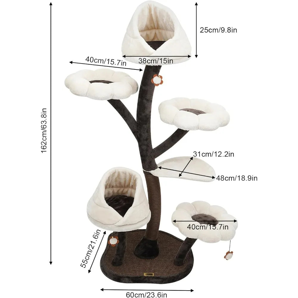 Very Cat Tree, 63.8in Cat Climbing Frame With Scratching Posts & Resting Platforms Multi-Level Tower 22lbs Capacity (Brown And W